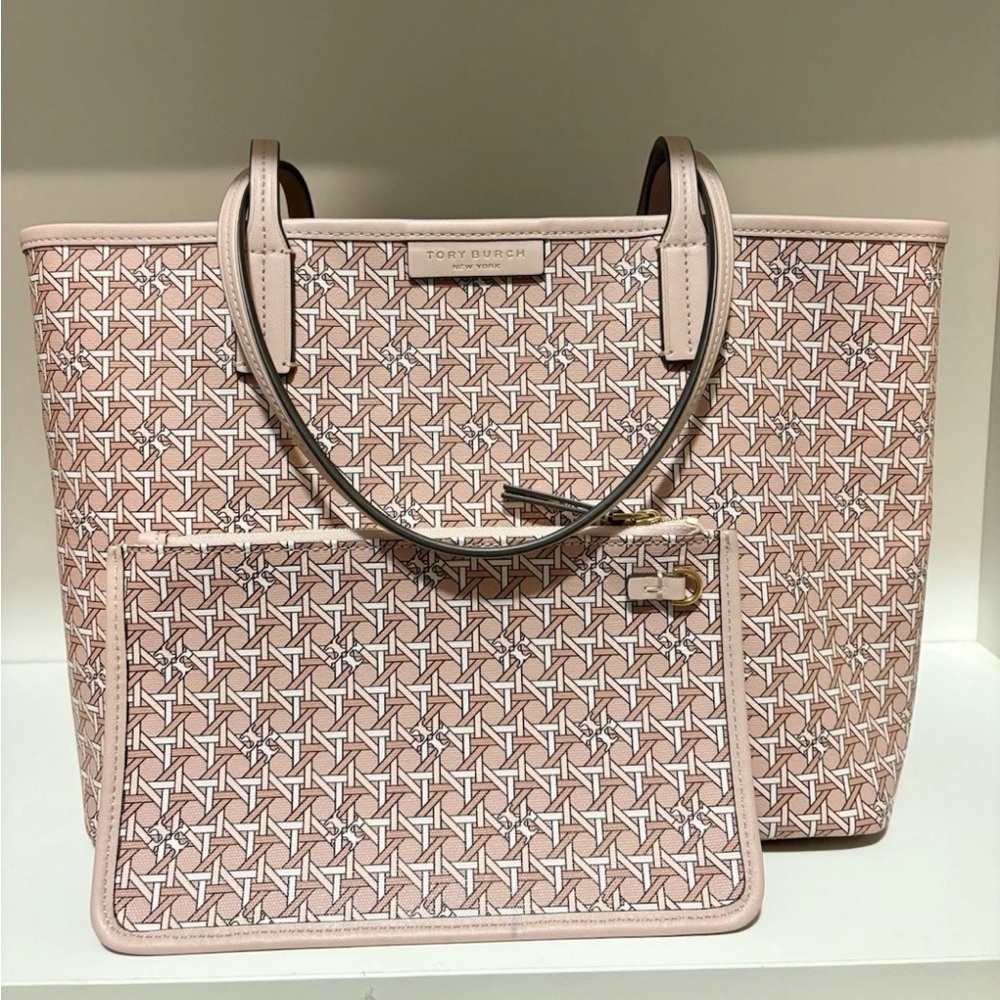 Tory Burch Small Ever Ready Print Zip Tote Purse Bag w/ Pouch Winter Peach